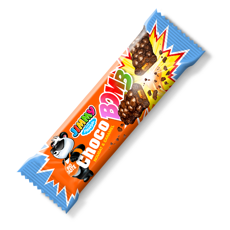 Jimmy Choco Bomb - Sütlü Çikolata Kaplamalı, Mısır ve Pirinç Patlaklı, Nugalı, Karamelli Bar