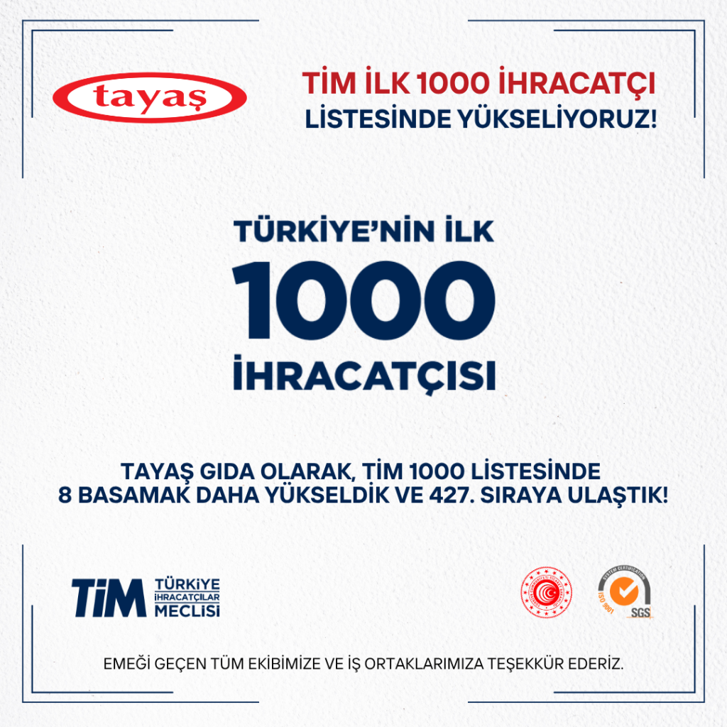 TİM İLK 1000 İHRACATÇI LİSTESİNDE YÜKSELİYORUZ! - Tayaş Gıda